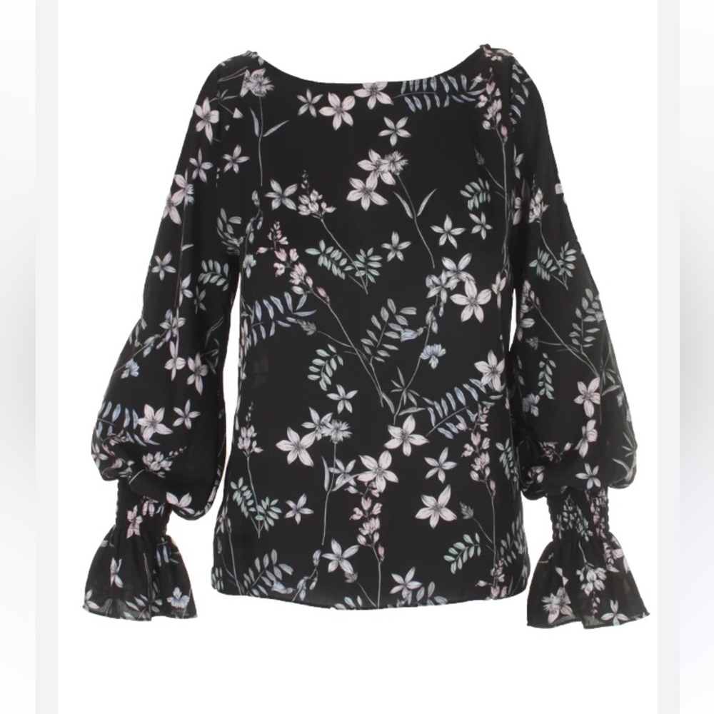 VINCE CAMUTO BLACK FLORAL COLD SHOULDER BLOUSE SIZE MEDIUM